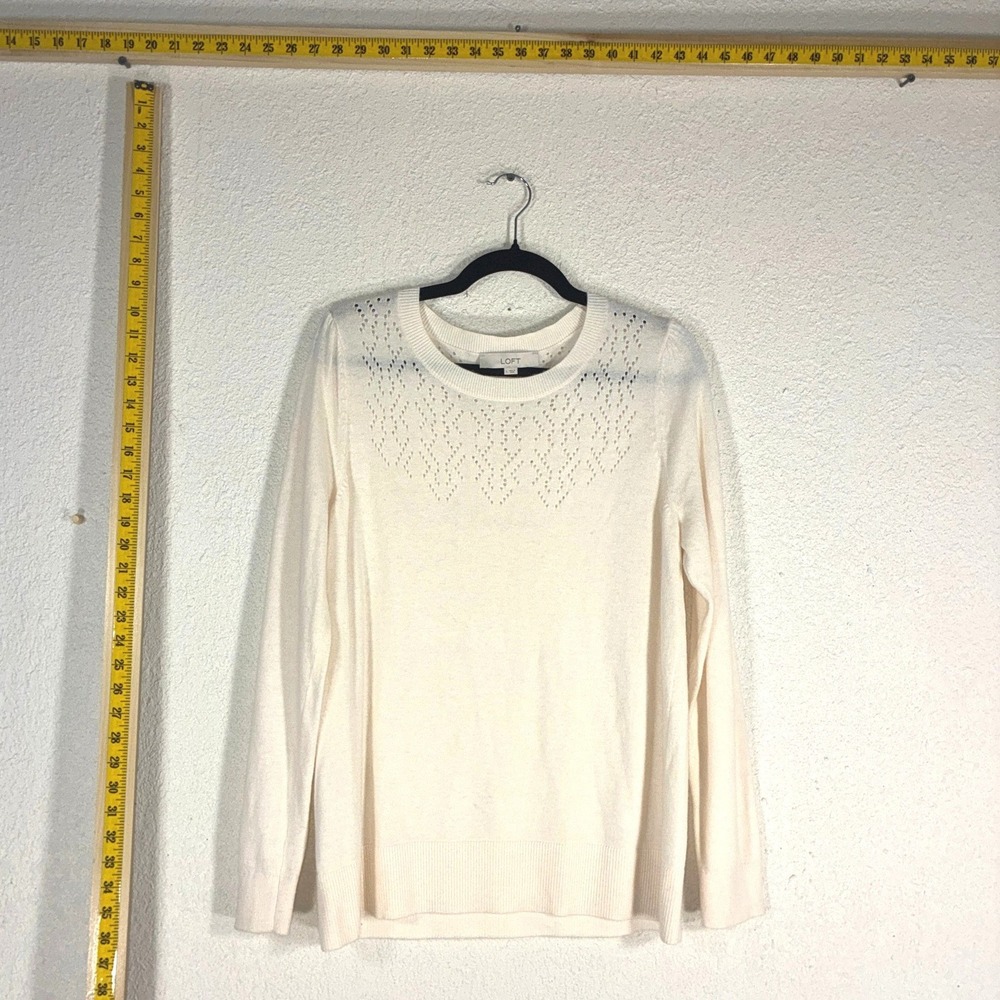 LOFT Cream Pointelle Yoke Wool Blend Sweater Womens Large Excellent Pullover